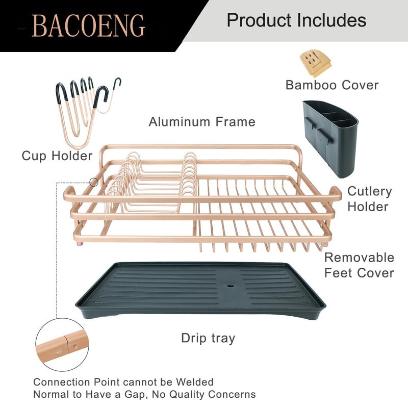 BACOENG Aluminum Dish Drying Rack,Never Rust Dish Rack with Removable Cutlery Holder & Cup Holder, 360Â° Swivel Spout Drain Board,Gold - Image 5